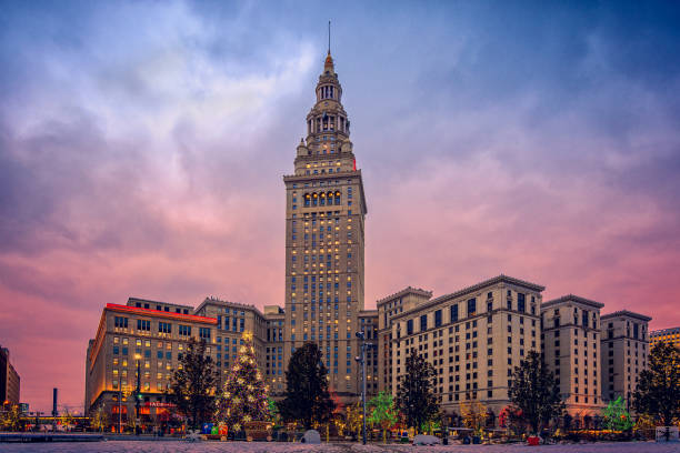 cleveland terminal tower at sunset with christmas lights