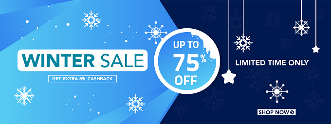 Winter sale banner template with snow flakes, ice shards for shopping sale. banner design. Poster, card, label, web banner. Vector illustration template