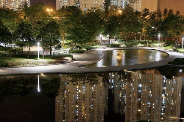 istock an artificial lakes at park at night 1077461822