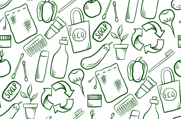 Seamless pattern with hand drawn Zero Was objects. Vector doodle texture Seamless pattern with hand drawn Zero Was objects. Vector doodle texture for wallpaper, textile, background and your design drawing of reduce reuse recycle symbol stock illustrations