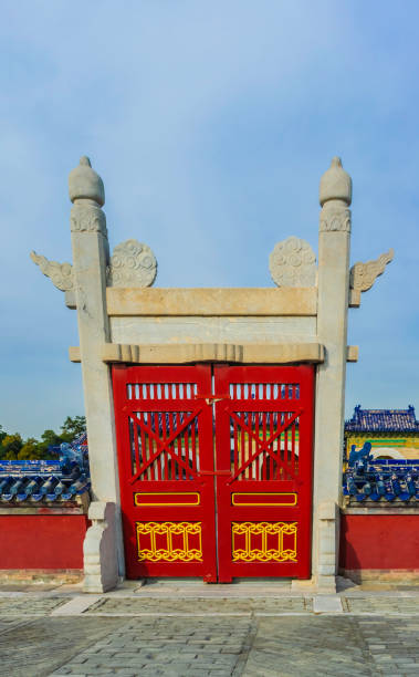 istock Red and wooden antique doors in China. 1077486508