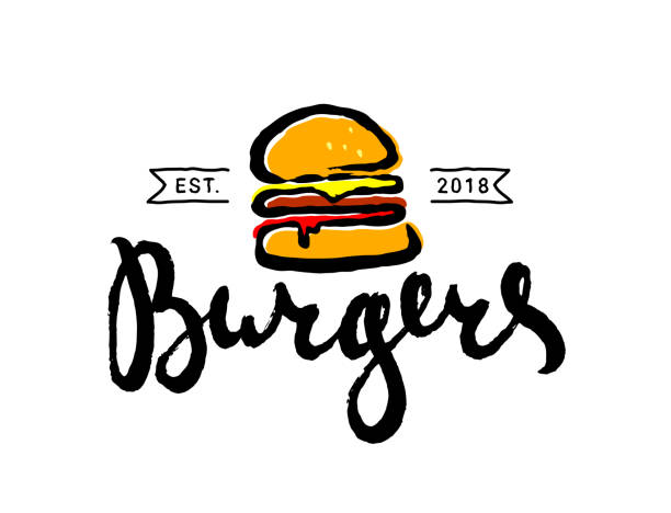 ilustrações, clipart, desenhos animados e ícones de mão desenhada logotipo dos desenhos animados de hambúrguer de fast-food ou ícone, emblema. - burger sandwich hamburger eating