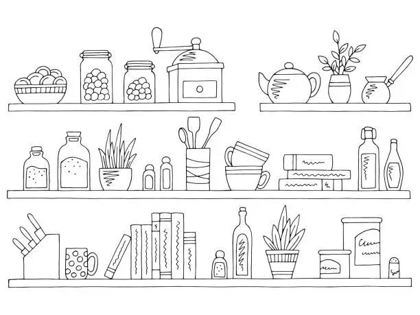 Vector illustration of Shelves set graphic black white isolated kitchenware sketch illustration vector