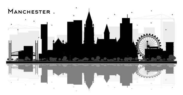 манчестер сити скайлайн силуэт с черными зданиями изолированы на белом. - manchester stock illustrations