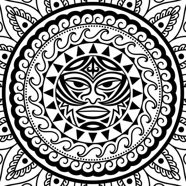 Vector illustration of Circular pattern in form of mandala with Thunder-like Tiki is symbol-mask of God. Traditional ornaments of Maori people - Moko style. Vintage decorative tribal border from elements of African theme.