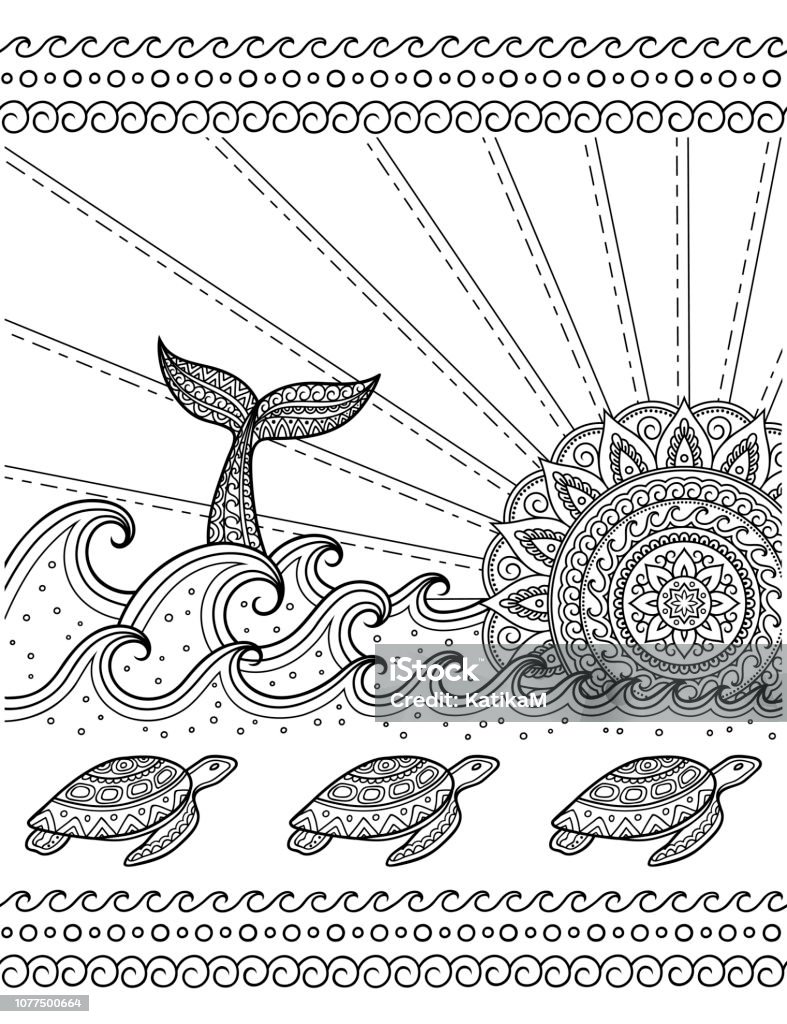 Whale diving into sea against the sunset and seamless wave pattern with floating turtles. Coloring book page antistress - ocean landscape with waves, mandala in form of sun, fish tail. Wave - Water stock vector