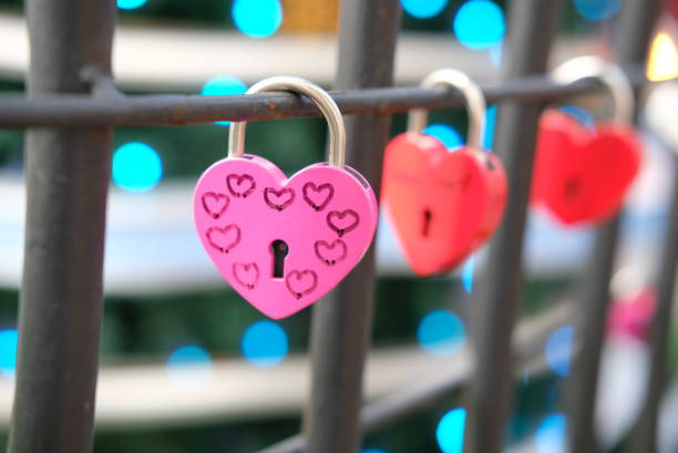 istock Pink lock in the heart-shape hangs on a lattice 1077500762