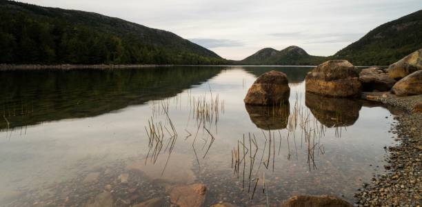 istock Jordan Pond with rocks and reflections and green forest at twilight 1077500818