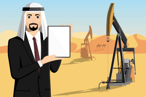 Arab businessman with tablet computer stands on the background of oil rigs Arab businessman with tablet computer stands on the background of oil rigs in the desert. Vector illustration oil pump petroleum equipment development stock illustrations