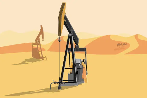 Vector illustration of Oil rigs in the desert