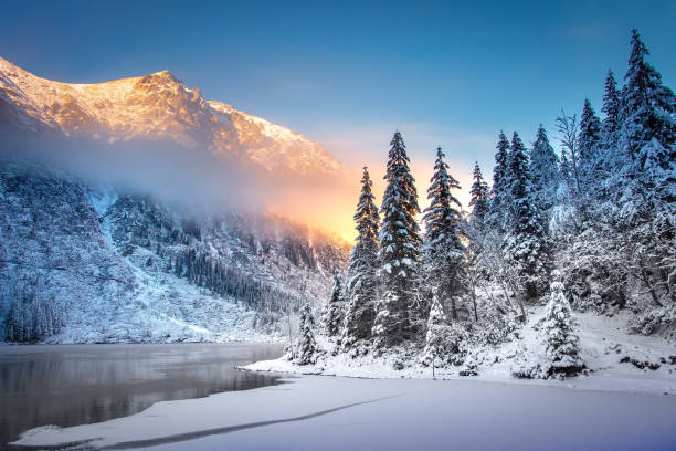 winter berglandschaft der morskie oko in tatra national park bei sonnenaufgang - tatra gebirge stock-fotos und bilder