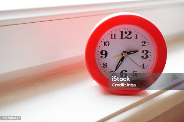 Orange Frame Round Shape Alarm Clock Stock Photo - Download Image Now - Black Color, Circle, Clock
