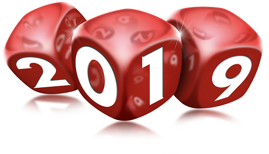 3D illustration of three red dice with the number 2019 and reflections. New year concept. Isolated on white background