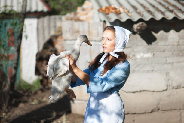 A woman in a village dressed in country style is holding a goose. Shooting in retro style.