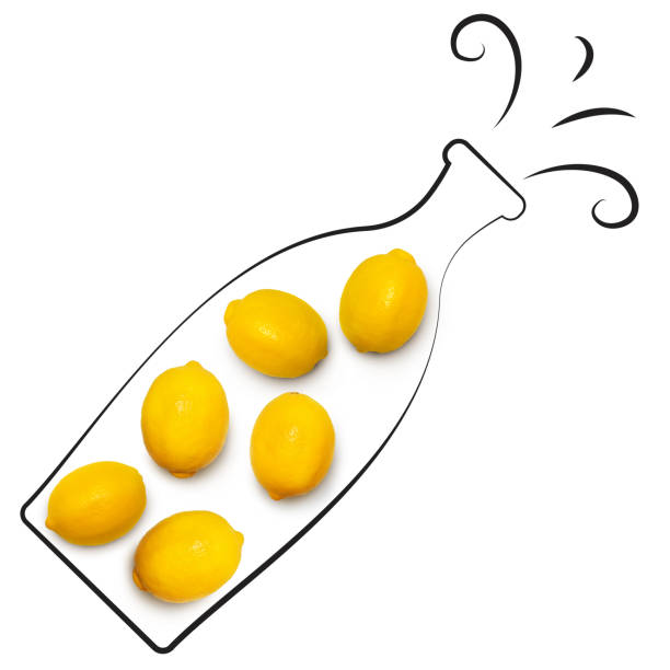 Fruit composition with fresh lemon and cartoon cute doodle drawing elements on isolated white background. Creative minimalistic food concept.