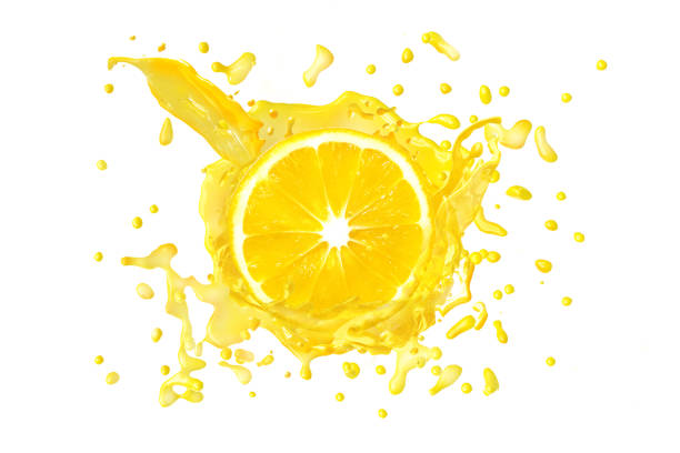 istock Juice or liquid splashing with yellow lemon isolated on white background. Creative minimalistic food concept for design package, advertising, ads, branding. 1077506540