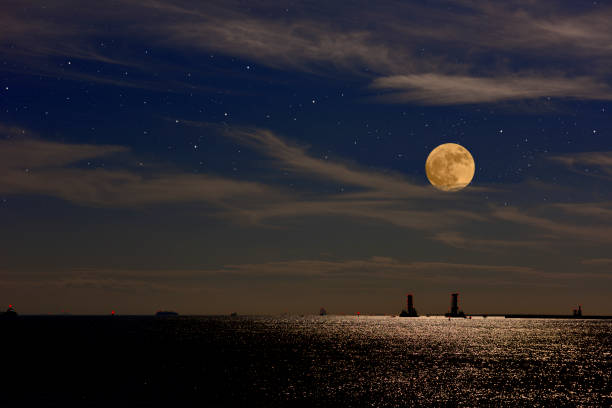 Full moon rising over the Tokyo bay with copy space.