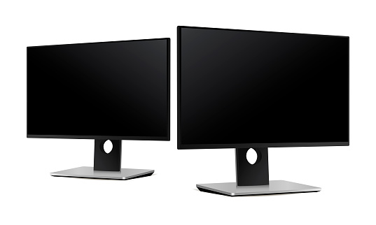 Computer monitor - half side view. Two perspective mockups to showcase your apps, websites and other digital projects. Vector illustration