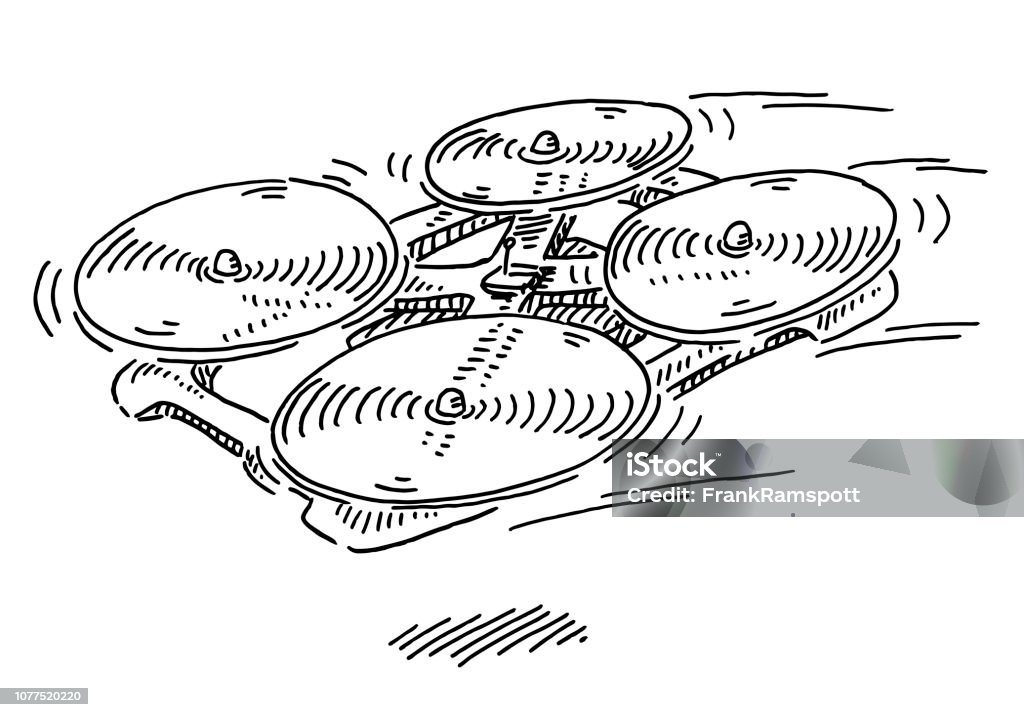Flying Drone Quadcopter Drawing Hand-drawn vector drawing of a Flying Drone Quadcopter. Black-and-White sketch on a transparent background (.eps-file). Included files are EPS (v10) and Hi-Res JPG. Drawing - Art Product stock vector