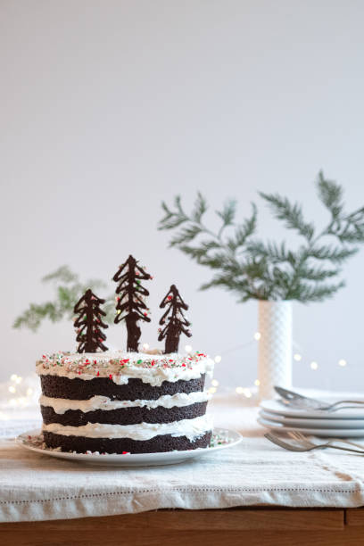istock Vegan Chocolate Peppermint Layer Cake Decorated with Chocolate Christmas Trees 1077522940