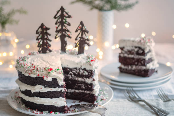 istock Slice of Vegan Chocolate Cake Decorated with Crushed Candy Canes 1077522962