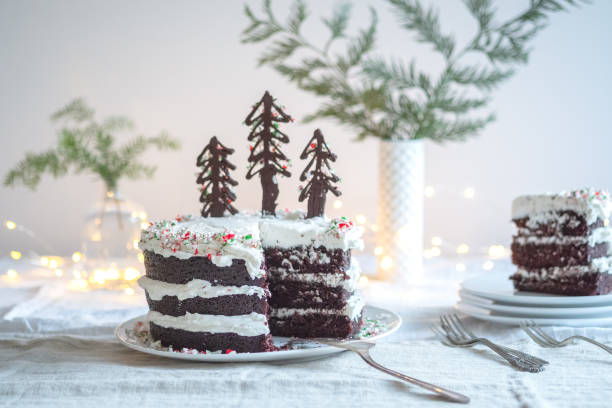 istock Chocolate Layer Cake with Christmas Tree and Mint Candy Decorations 1077522988