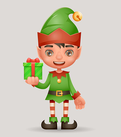 Gift box give away bestow christmas elf boy santa claus helper new year cartoon 3d character design vector illustration