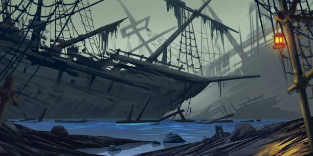 Stranded Ship. Ghost Ship. Fiction Backdrop Stranded Ship. Ghost Ship. Fiction Backdrop. Concept Art. Realistic Illustration. Video Game Digital CG Artwork. Nature Scenery. stranded stock illustrations