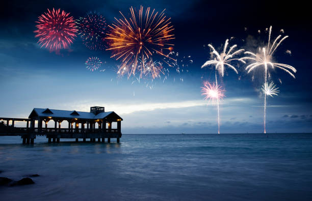 istock Fireworks over sea, Key West, Florida, USA. 1077538238