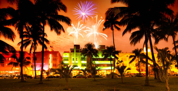 istock Fireworks over Ocean Drive, Miami, Florida, USA. 1077538250