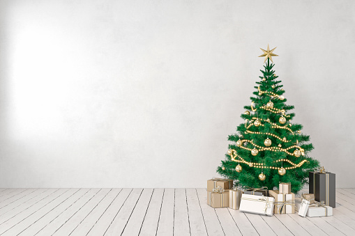 White blank wall empty interior with christmas tree and gifts. 3d render illustration mockup.