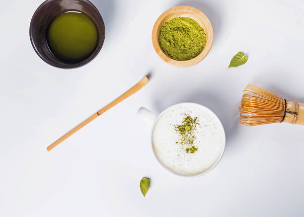 istock Matcha latte in a cup, powder and tools for making tea on the white background, 1077539144
