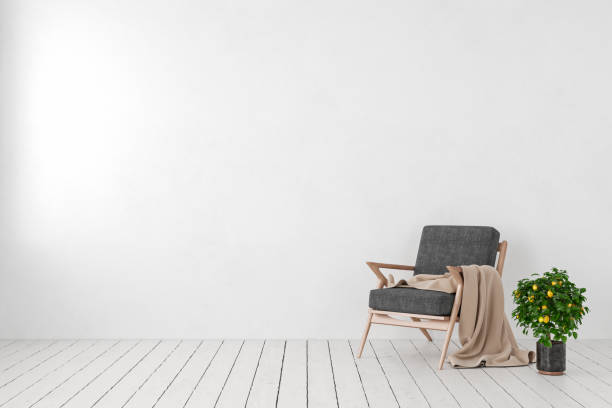 istock Empty white interior, blank wall with lounge armchair, plant lemon tree. 3d render illustration mockup. 1077539146