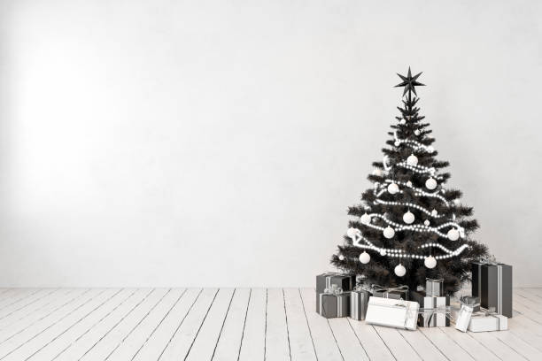 istock Black christmas tree in room, blank white wall, gifts. 3d render illustration mockup. 1077539254