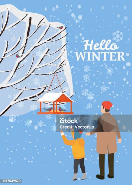 Hello Winter Snow Landscape Bird Feeder With Feed Birds Dad With Son Stand Near A Tree Covered With Snow Vector Illustration Isolated Banner Poster Card Cover For Books Magazines Publications Stock Illustration - Download Image Now