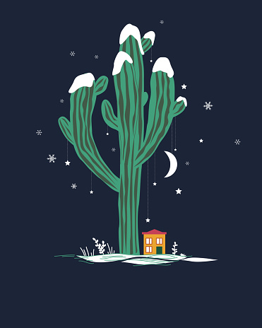 Cute cartoon illustration with high saguaro cactus and liitle house. Mexican fairy winter landscape, Christmas card. Vector illustration