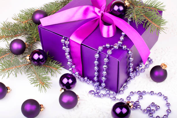 istock Purple Christmas gift box with christmas balls 1077548168