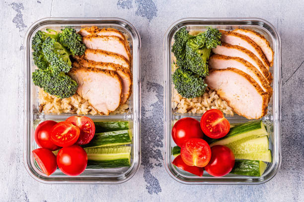 Healthy balanced lunch box with chicken, rice, vegetables