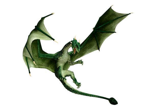 illustrazione 3d drago fantasy verde su bianco - fantasy flying dragon monster foto e immagini stock