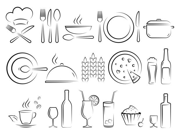 ilustraciones, imágenes clip art, dibujos animados e iconos de stock de conjunto de iconos de restaurante - cooking clothing foods and drinks equipment