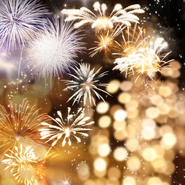 istock fireworks at New Year and copy space - abstract holiday background 1077561442