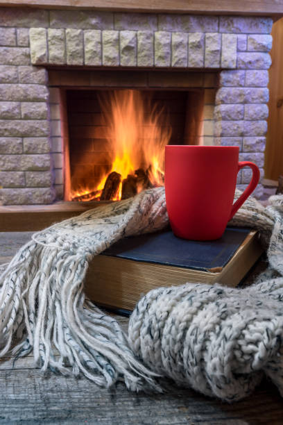 istock Cozy scene before fireplace with red mug with tea, a book, wool scarf. 1077561738