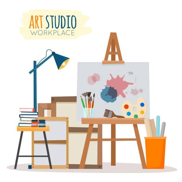 ilustraciones, imágenes clip art, dibujos animados e iconos de stock de interior del estudio de arte. - tube paint color image gouache