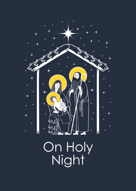 Nativity scene. Holy Family and Christmas star Vector illustration on the theme of Christmas and New Year in flat style. Holy Family and shining Christmas star. Christmas Nativity scene with words On Holy Night jesus christ birth stock illustrations