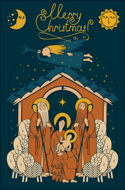Adoration of the Magi. Christmas Nativity scene Vector illustration on the theme of Christmas and New Year in flat style. Holy Family and Christmas angel. Christmas Nativity scene. Adoration of the Magi jesus christ birth stock illustrations