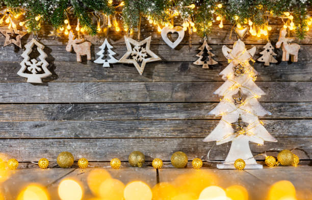 istock Christmas rustic background with wooden decoration 1077570316