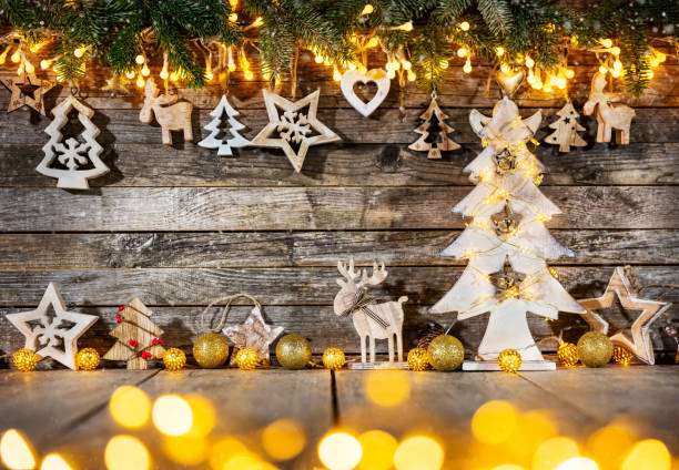 istock Christmas rustic background with wooden decoration 1077570336