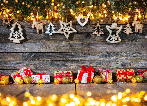 istock Christmas rustic background with wooden decoration 1077570374