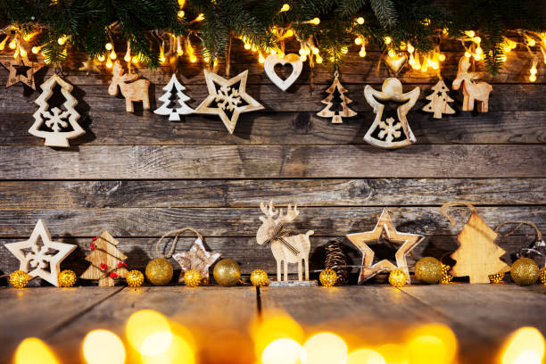 istock Christmas rustic background with wooden decoration 1077570430
