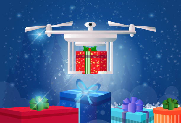 istock Drone delivery present new year merry christmas holiday concept gift box decoration flat horizontal 1077571684